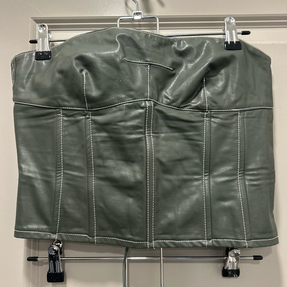 Strapless Faux Leather Bustier Top in Olive Green